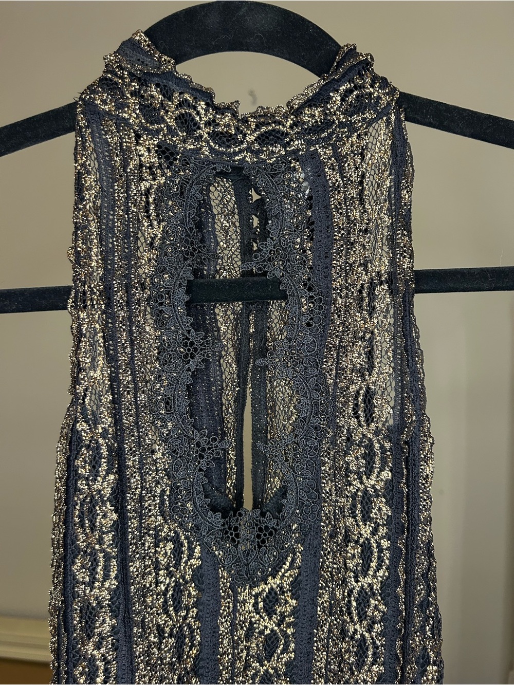Free People Black Gold Lace Mini Dress XS Boho Party Glam Night Out Date Sexy - Picture 2 of 6